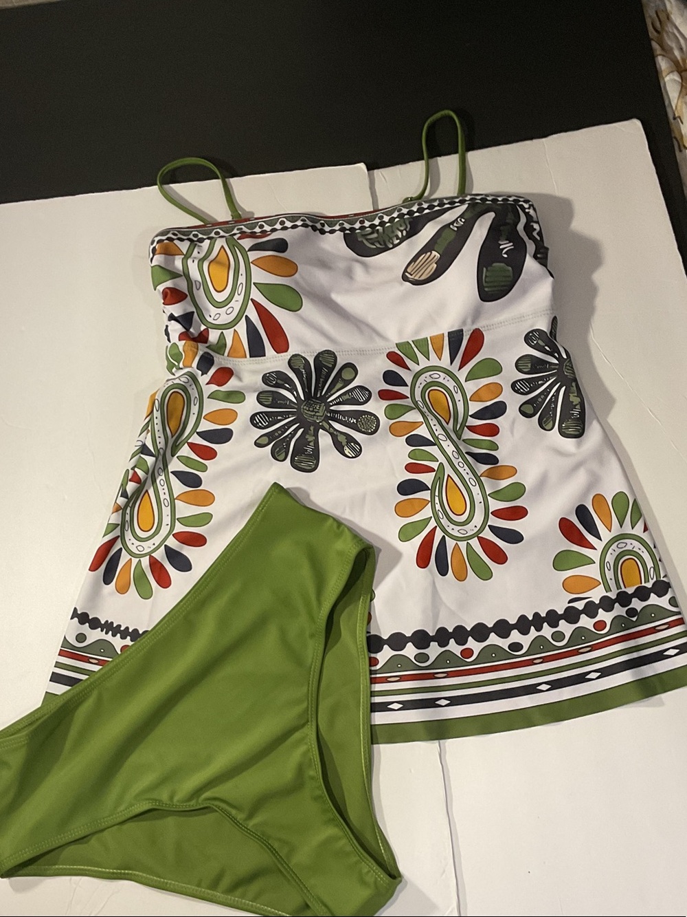 NWOT White Tankini with Green Trim and Multicolor Paisley Print